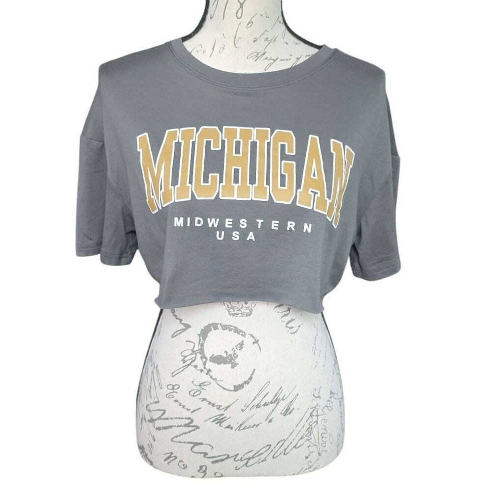 Women's Size Small Women's Size Small Gray Gold Michigan Cropped T-Shirt